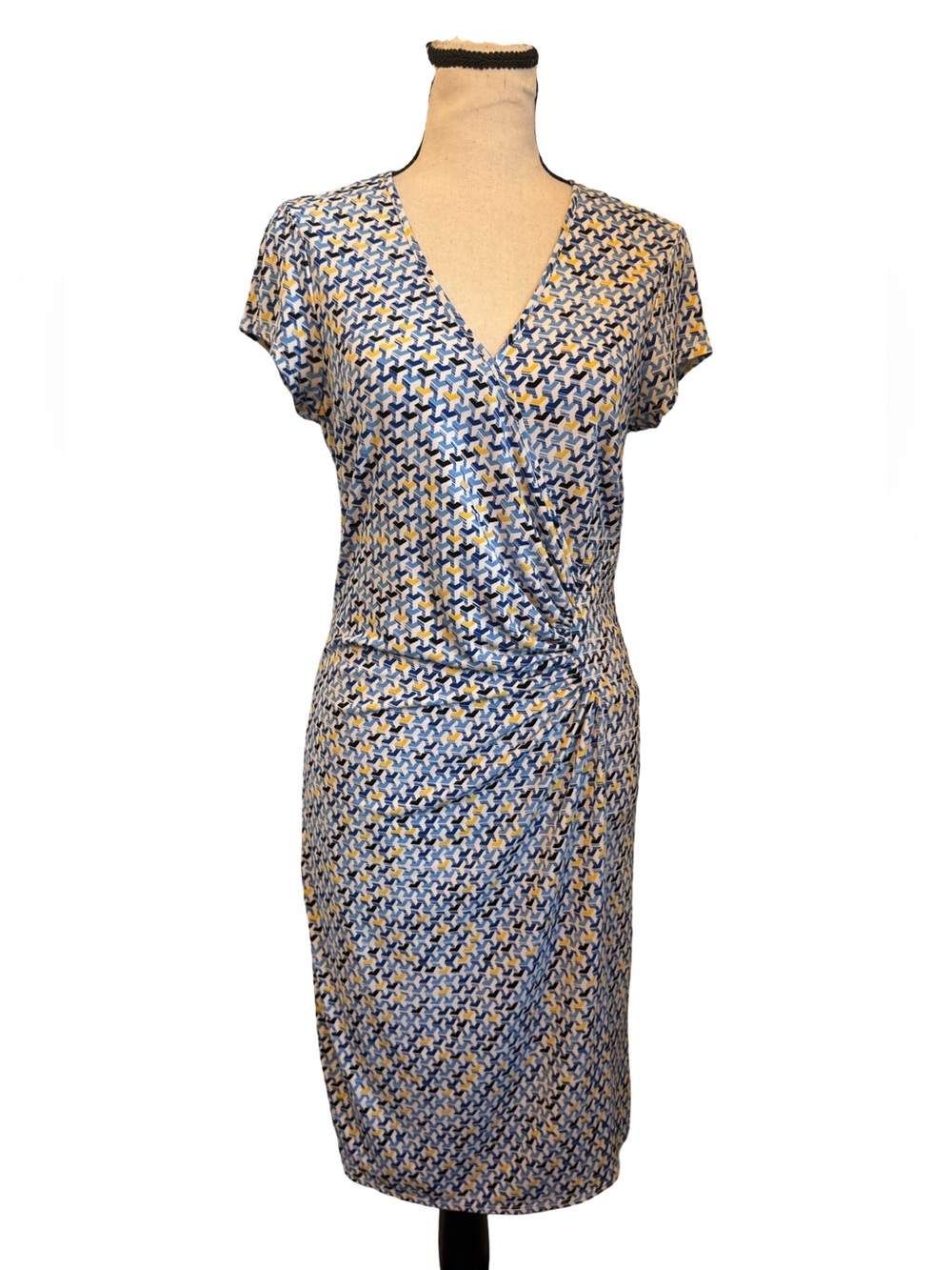 Laundry by Design Blue Yellow Geometric Faux Wrap Dress Short Sleeve Sz 4